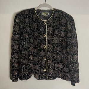 Vintage R&K Evening Blazer Jacket Women's‎ Large Black Velvet Floral Glitter